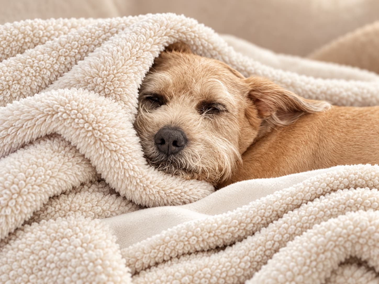 An older terrier asleep, wrapped in a sherpa blanket