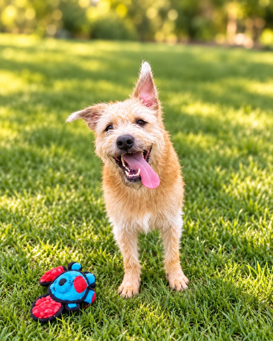 A scruffy terrier grinning in sunny grass beside a plush toy